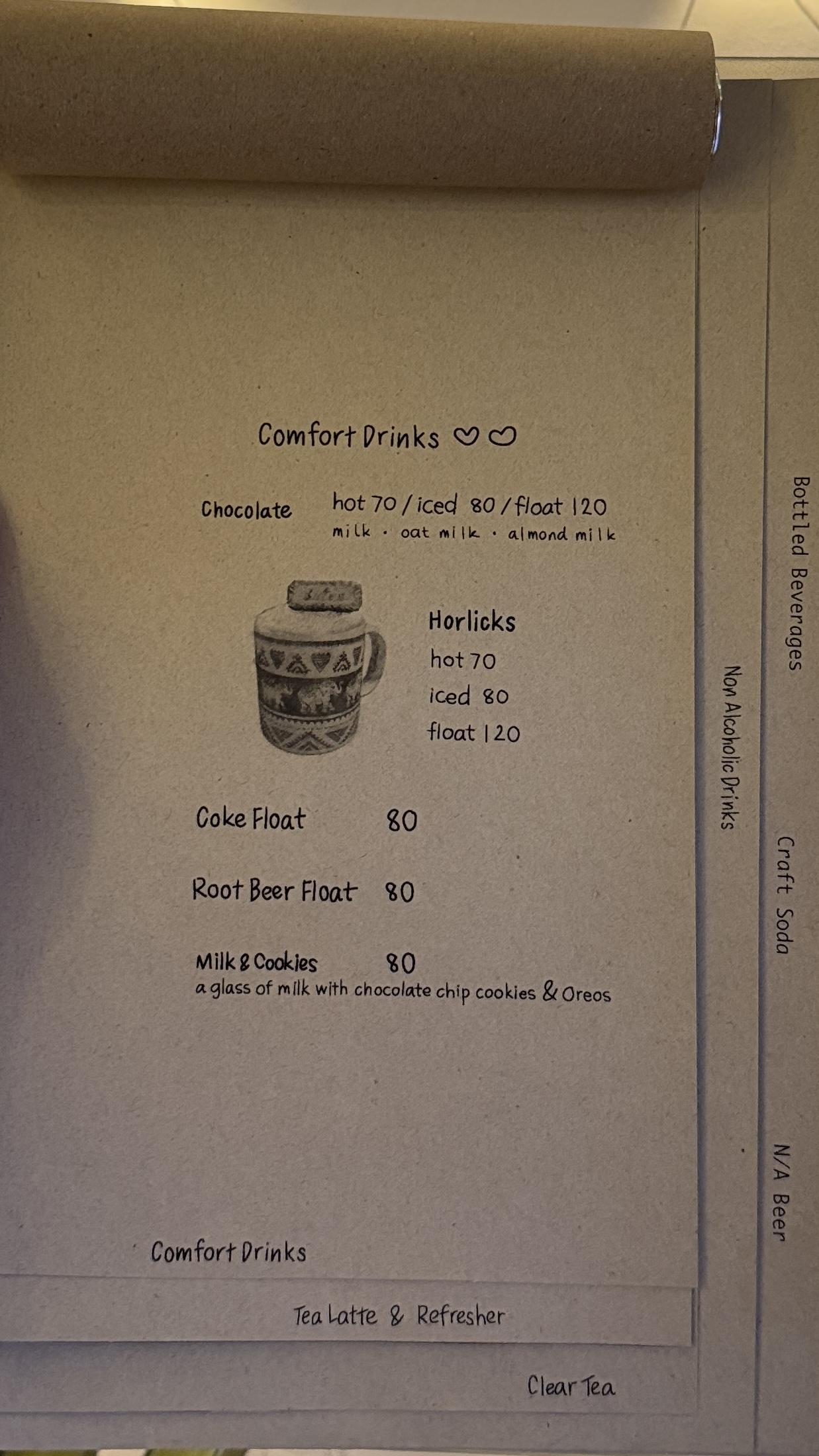 Comfort drinks: Iced fresh chocolate, horlicks, cocke float, root beer float, milk & cookies with oreos