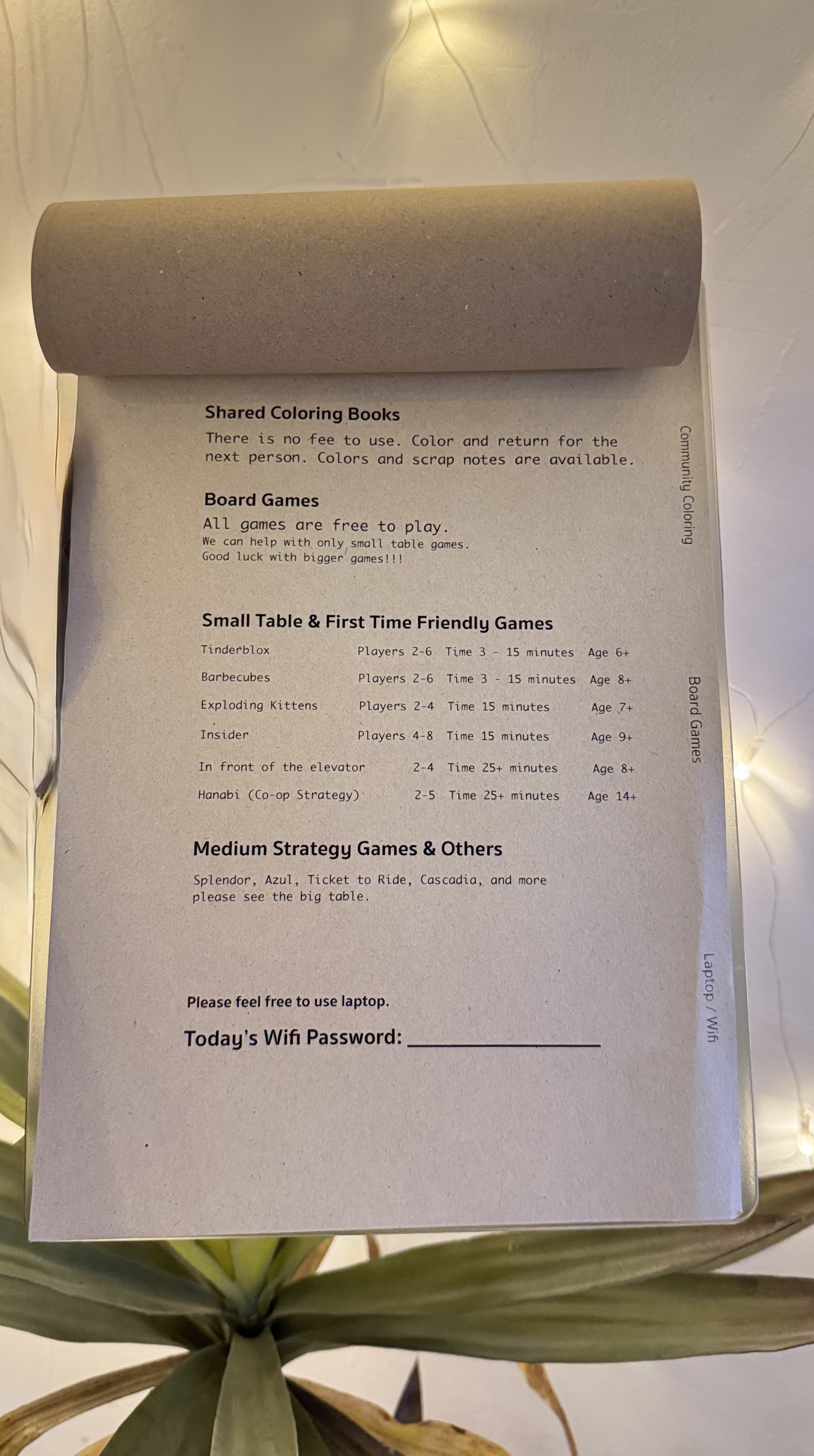 Activities: shared coloring books, boardgames from easy to get started to medium strategies, laptop welcome with wifi.